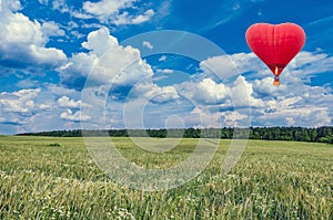 Red hot air balloon in the shape of a heart above the summer meadow.