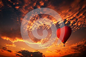 Red hot air balloon in the shape of a heart, Colorful hot-air balloon flying