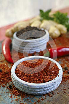 Red hot chili Cayenne and black pepper fresh and dried powdered