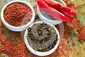 Red hot chili Cayenne and black pepper fresh and dried powdered