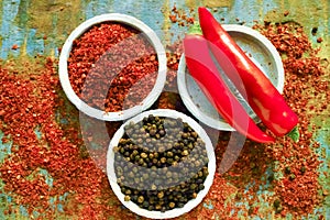 Red hot chili Cayenne and black pepper fresh and dried powdered