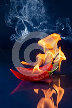 Red hot chili pepper on black background with flame