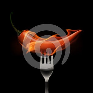 Red Hot Chili Pepper on Fire and Flame on a Fork Isolated on White Background