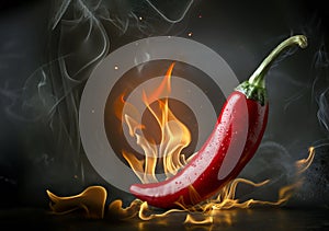 Red hot chili pepper with fire and smoke