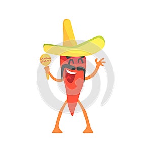 Red Hot Chili Pepper Humanized Emotional Flat Cartoon Character With Sombrero And Maracas photo