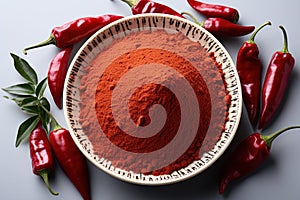 Red hot chili pepper powder in a bowl on a gray background. Generative AI