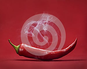 Red hot chili pepper on red background with smoke. Still life with steam mexican paprika