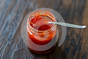 Red Hot Chili Pepper Sauce for Artisan Cheese made with Vinegar and Sugar in Glass Bowl with Spoon