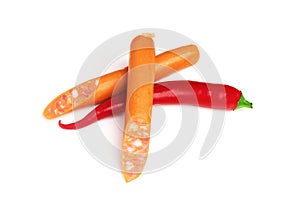 Red hot chili pepper and sausages isolated on a white background