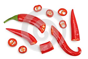 red hot chili pepper with slices isolated on white background. Top view. Flat lay.