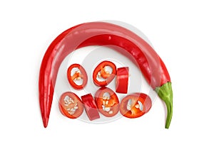 red hot chili pepper with slices isolated on white background. Top view. Flat lay.