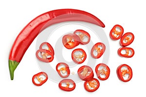 red hot chili pepper with slices isolated on white background. Top view. Flat lay.