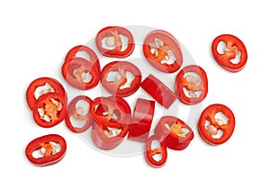 red hot chili pepper slices isolated on white background. Top view. Flat lay.