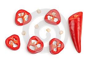 red hot chili pepper slices isolated on white background. Top view. Flat lay.