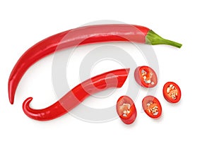 red hot chili pepper with slices isolated on white background. Top view. Flat lay.