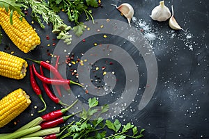 Red hot chili pepper with spices and corn on a dark black slate background. View from above. Copy space