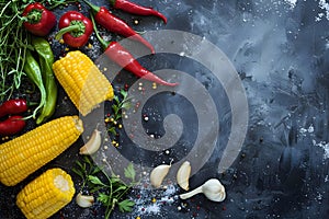 Red hot chili pepper with spices and corn on a dark black slate background. View from above. Copy space