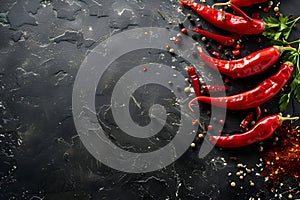 Red hot chili pepper of spices and garlic on dark black slate background. Top view. Copy space