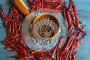 Red hot chili peppers on blue table, for sauce