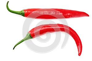 red hot chili peppers isolated on white background. top view