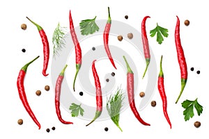 red hot chili peppers isolated on white background top view