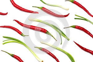 red hot chili peppers isolated on white background top view