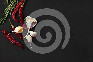 Red hot chili peppers and other spices on dark background