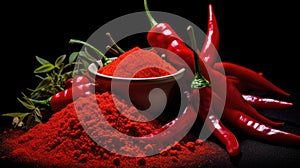 Red hot chili peppers and powder on black background