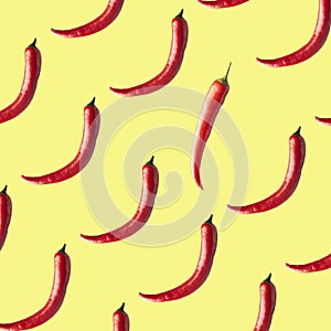 Red hot chili peppers on yellow background.