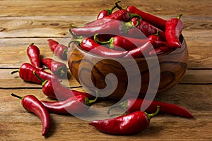 Red hot chilli pepper in wooden bowl