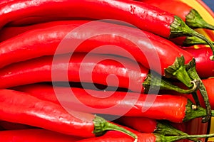 Red hot chilli peppers, close up. Background of red chilies