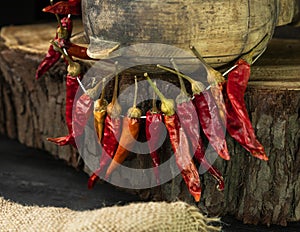 Red hot chilli peppers hanging in the rustic kitchen