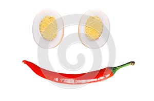 Red hot chilly pepper and two eggs isolated on white