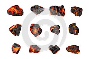 Red hot coal stones set isolated white, burning black charcoal pieces, embers, flaming anthracite rocks, glow coal nuggets