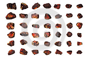 Red hot coal stones set isolated white, burning black charcoal pieces, embers, flaming anthracite rocks, glow coal nuggets