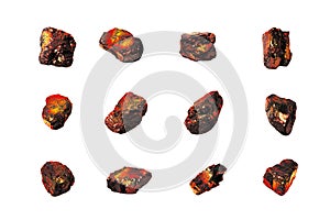Red hot coal stones set isolated white, burning black charcoal pieces, embers, flaming anthracite rocks, glow coal nuggets