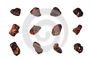 Red hot coal stones set isolated white, burning black charcoal pieces, embers, flaming anthracite rocks, glow coal nuggets