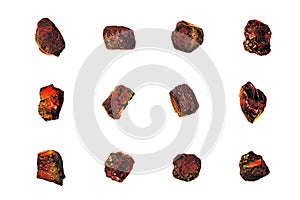 Red hot coal stones set isolated white, burning black charcoal pieces, embers, flaming anthracite rocks, glow coal nuggets