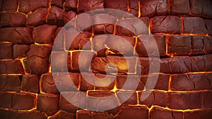 Red hot glowing cracked brick wall texture background