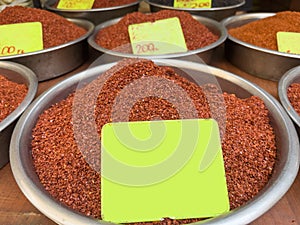 red hot pepper in bazaar market with label