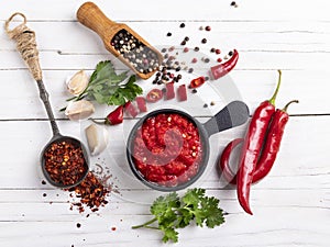 Red hot sauce pepper, ingredients, spices on a white wooden surface