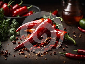 Red hot spicy chili peppers, food ingredients in studio background, cinematic food