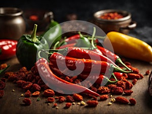 Red hot spicy chili peppers, food ingredients in studio background, cinematic food