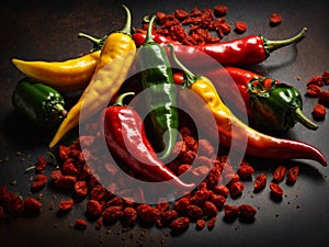 Red hot spicy chili peppers, food ingredients in studio background, cinematic food