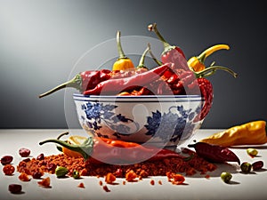 Red hot spicy chili peppers, food ingredients in studio background, cinematic food