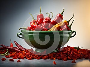 Red hot spicy chili peppers, food ingredients in studio background, cinematic food