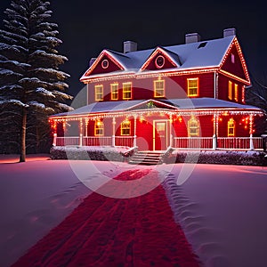 Red House with Christmas Lights at Night After a Snowstorm