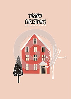 Red house, decorated Christmas tree. Simple scandinavian lanscape vector greeting card design