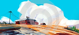 Red house in desert with sport car against blue sky and puffy clouds, digital illustration art painting design style.