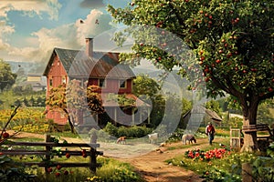 Red House in Farm Scene Painting, A rustic countryside farmhouse with a family picking fresh fruit from the orchard and playing